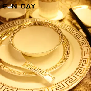 Luxury Star Rated Hotels Kitchen Gold Bowl Plate Dish Catering Ceramics Dinnerware Bone Porcelain Tableware Set Utensils