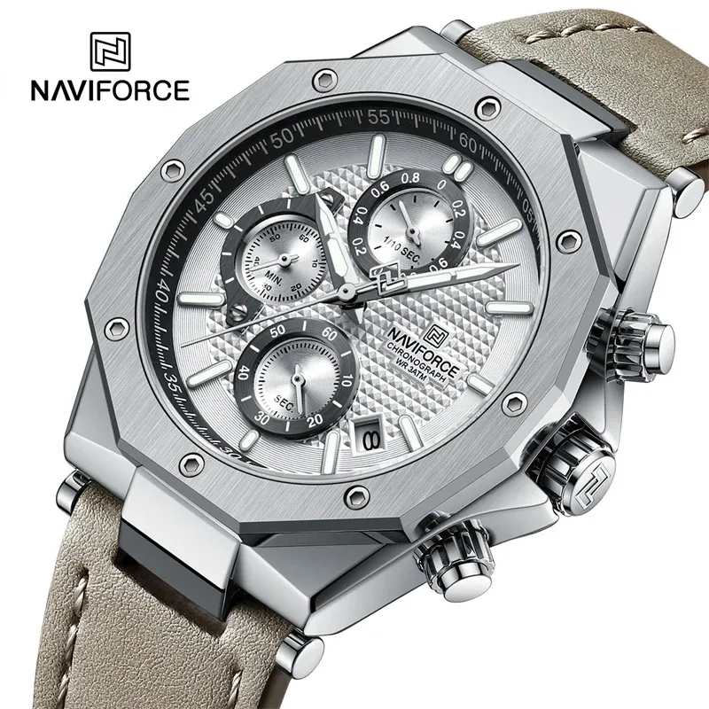 Naviforce 8028 วันที่อัตโนมัตินาฬิกาผู้ชายแฟชั่นควอตซ์กีฬากันน้ําโครโนกราฟสายหนังแท้นาฬิกาข้อมือ