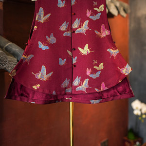 Vêtement féminin original, Gilet en brocart de soie de mûrier rouge ample à col montant et coupe irrégulière, motif papillon féerique, pour banquet, 5778 - Product Image 3