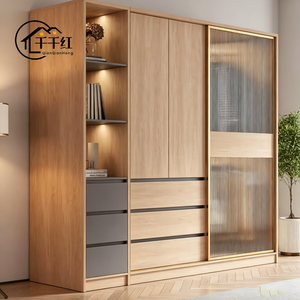 Armoire à portes coulissantes pour chambre à coucher, style moderne et simple, pour petit appartement, couleur bois naturel, <span class=keywords><strong>porte</strong></span> en verre, grand <span class=keywords><strong>placard</strong></span> - Product Image 2