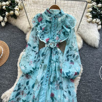 Robe longue décontractée pour femme WIWT, élégante, à imprimé floral, col montant à volants, manches longues bouffantes, coupe trapèze, pour le quotidien et les vacances