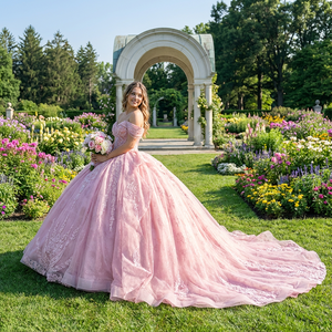 Robe de bal en mousseline de soie rose à volants, avec appliques en dentelle et perles, traîne chapelle, longueur au sol, robe de princesse pour Quinceañera, soirée formelle - Product Image 1