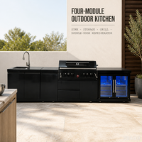 Îlot de cuisine extérieur avec barbecue au charbon de bois, réfrigérateur extérieur, évier et armoire en acier inoxydable noir, barbecue modulaire