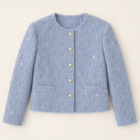 Tissu tricoté en tweed bleu clair avec broderie de perles et de paillettes, rayures verticales argentées perlées, pour vêtements de luxe pour femmes, manteaux et costumes