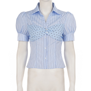 Camisa de Verano a la Moda, Sexy, con Lazo de Puntos, Decoración Tridimensional, Rayas Azules, Estilo Casual - Product Image 6