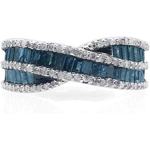 White Round And Blue Baguette Cut Diamond Criss Cross Engagement <b>Ring</b> Sterling Silver Women's <b>Fine</b> Jewelry - Product Image 1
