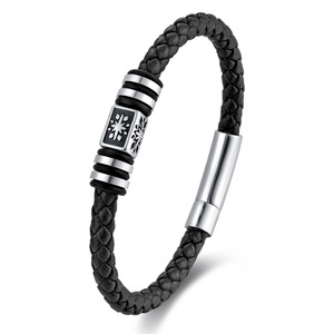 Men's Antique Symbol Bar <b>Bracelet</b> | Braided Genuine <b>Leather</b> With Magnetic Clasp & Stainless Steel Accents | Stylish Gift for Him - Product Image 5