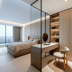 Toeletta Professionale in Legno di Pino Massiccio con Armadietto Divisorio, Specchio Illuminato, Design Minimalista di Lusso per Camere da Letto, Hotel e Appartamenti - Product Image 1