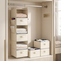 Organisateur de placard suspendu en tissu à 6 niveaux, 3 tiroirs, 2 crochets, beige, étagère pliable, rangement de vêtements peu encombrant pour chambre à coucher et armoire