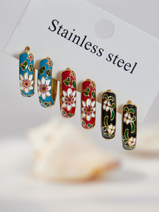 Pendientes de Aro de Acero Inoxidable con Oro de 18K, Estilo Bohemio, Esmalte Tricolor, Impermeables, con Patrones Florales, Resistentes a la Decoloración - Product Image 2