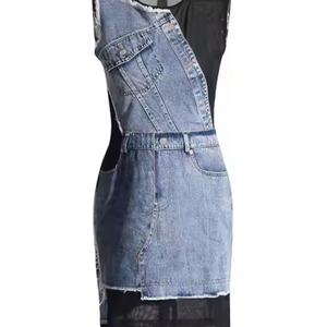 Robe en jean d'automne sexy sans manches à col en V 100 % coton, fendue, délavée à l'acide, style modeste, en gros - Product Image 3