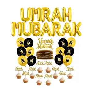 Umrah Mubarak Ouro e Látex Preto e Foil Balões Set Cake Cupcake Topper Umrah Mubarak Decorações Set