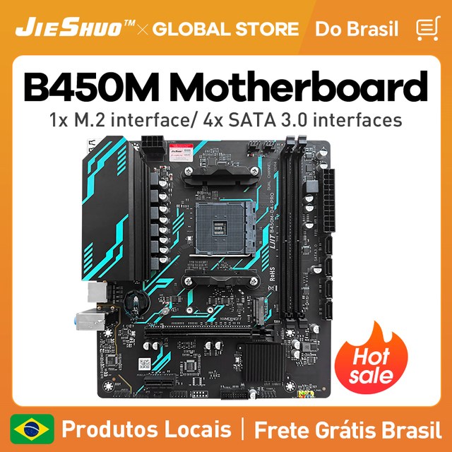 Produtos Locais Brasileiros Jieshuo AMD B450 ATX Motherboard 64GB Duple Channel DDR4 Memory AM4 PCI-E 3.0 NVMe