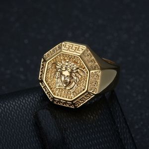 Men's Octagonal <b>Titanium</b> Steel <b>Ring</b> Golden With Woman Head Design Hip Hop Jewelry Gift - Product Image 3