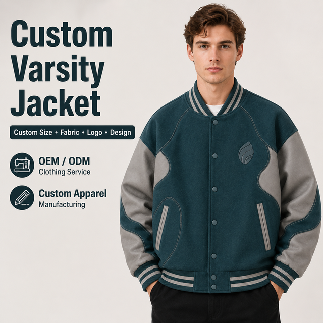 Custom Varsity Jacket Embossed Patchwork Contrast Leather Sleeve Striped Rib Heavyweight Oversize Streetwear Varsity Jacket