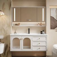 Meuble de salle de bain Wharton OEM moderne en bois massif avec lavabo en céramique, robinet en cuivre, évier mural, utilisation extérieure, miroir LED