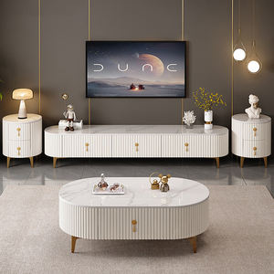 طاولة تلفزيون وطاولة شاي من الخشب الصلب بتصميم عصري بسيط لغرفة المعيشة، خزانة أرضية منزلية لشقق صغيرة بنمط فاخر كريمي - Product Image 1