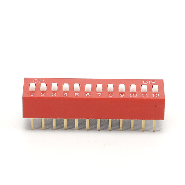 Eker DS-12 Red Color 12 Positions 2.54mm Pitch Hole SPST Dip Switch Phosphor Bronze Gold Plated Terminals 25mA 24VDC Switching