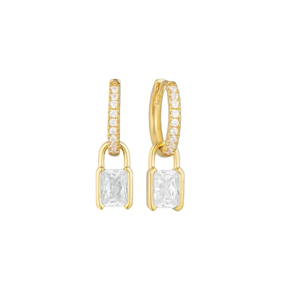 Elegant 925 Sterling Silver super flash encrusted Emerald square Gemstone zircon gold plated earrings