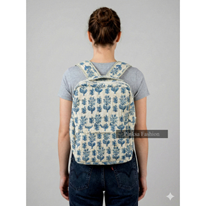 Sac à dos en coton matelassé imprimé à la main de haute qualité, motif floral ethnique indien, bohème, léger et portable pour le collège - Product Image 1