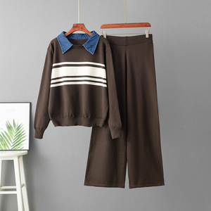 Elegant Women's Striped <b>Knit</b> <b>Set</b> Denim Polo Neck Pullover High Rise Flowy Wide Leg Trousers Quiet Luxury Aesthetic Lounge Outfit - Product Image 4