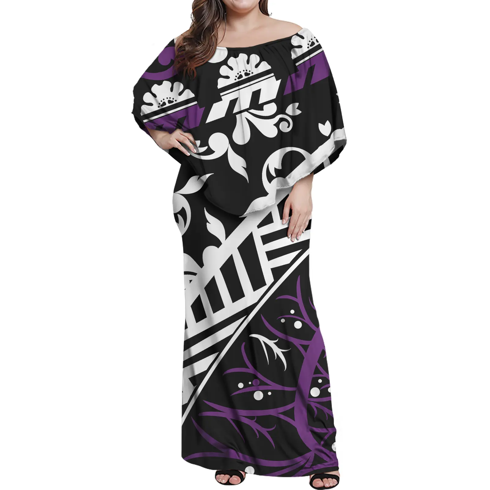 Fiji Coat of Arm Polynesian Tribal Purple Plumeria Floral Print Party Mini Fitness Maxi Dress with Off Shoulder Big Size Dresses