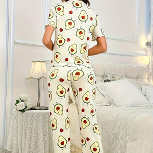 Set <span class=keywords><strong>Pigiama</strong></span> da Donna in Tessuto Morbido e Setoso con Stampa di Avocado, Top a <span class=keywords><strong>Maniche</strong></span> <span class=keywords><strong>Corte</strong></span> e <span class=keywords><strong>Pantaloni</strong></span> <span class=keywords><strong>Lunghi</strong></span>, Traspirante - Product Image 3