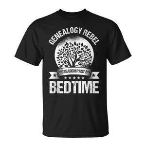 T-shirt Genealogy Rebel noir unisexe taille adulte moyenne, design « Research Past My Bedtime » - Product Image 1