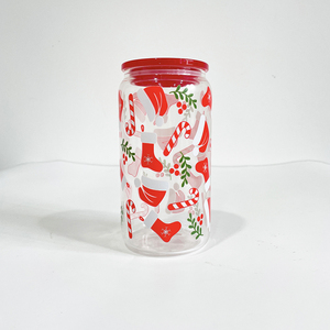 Venta al por mayor a granel 16oz Taza de café vasos para beber sombreros de Santa impresos medias muñeco de nieve árboles <span class=keywords><strong>Navidad</strong></span> vasos de cerveza transparentes - Product Image 4