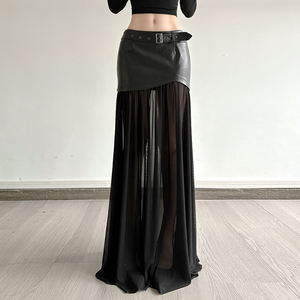 Women's PU Leather Mesh <b>Maxi</b> <b>Skirt</b> Low Waist Belted Patchwork <b>Sheer</b> Long <b>Skirt</b> Sexy Party Evening Clubwear - Product Image 1