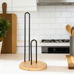 Bamboo <b>Paper</b> Towel Holder Desktop <b>Kitchen</b> Stand With Metal Rods For Roll Storage And Organization - Product Image 1