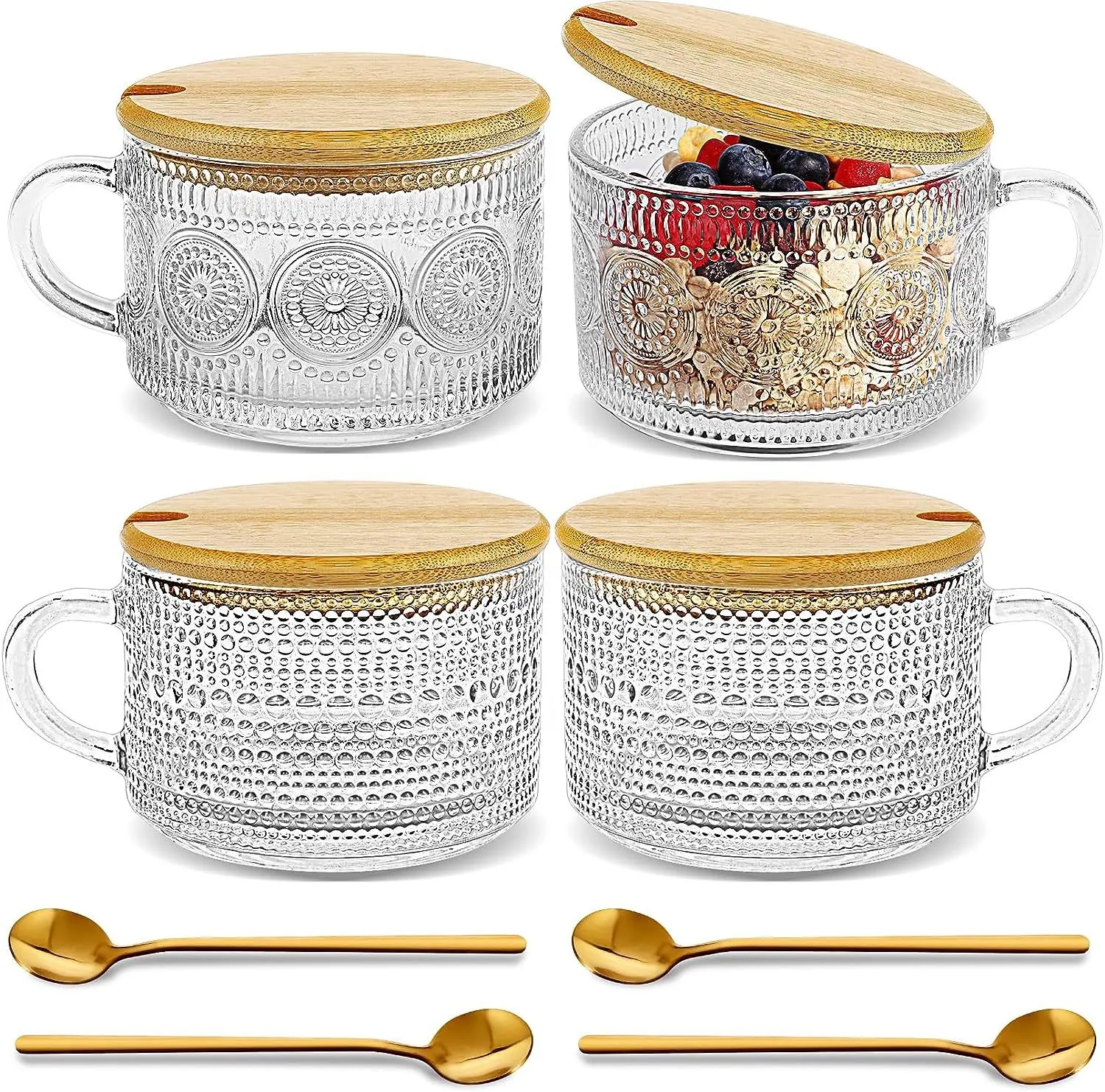 4pcs tasses à café girly vintage Conteneurs d'avoine avec couvercles et cuillères en bambou-Tasses en verre gaufré transparent de 14oz, verres à café glacé