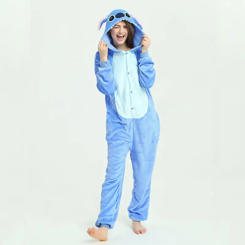 스티치 플란넬 잠옷 따뜻한 Onesie 후드 점프 수트 잠옷 여성 동물 의상 잠옷