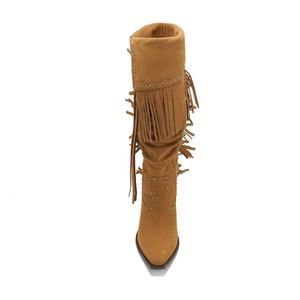 Botas Vaqueras Occidentales Color Bronceado con <span class=keywords><strong>Flecos</strong></span> y Tachuelas para Mujer, Botas de Vaquera de Media Pantorrilla con Punta Puntiaguda para Estilo Country y Moda Rodeo - Product Image 5