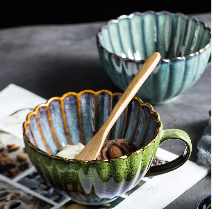 Chrysanthème en gros four à céramique poterie tasses domestique grande capacité petit déjeuner lait gruau tasses d'eau