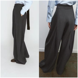 <span class=keywords><strong>Pantalon</strong></span> de Costume Formel Plissé à Rayures Taille Haute Vintage Ample et Élégant pour <span class=keywords><strong>Femme</strong></span>, Coupe Décontractée, Personnalisé OEM - Product Image 3