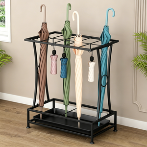 Porte-parapluies autoportant en métal avec bac de récupération d'eau et crochets, organisateur de rangement multifonctionnel pour parapluies, pour usage intérieur et extérieur - Product Image 2