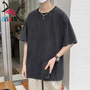 Solid Color 230gsm Cotton Men's Blank O-neck T-shirts Knit Jersey Men's Washed T-shirts <b>Summer</b> - Product Image 3