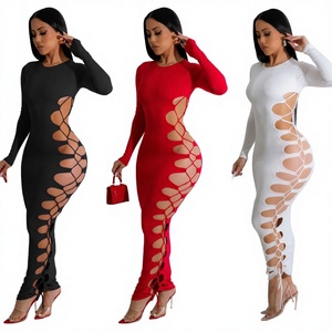Robe longue tendance sexy à col rond et manches longues, ajourée, taille naturelle, pour femme, idéale pour les soirées et les clubs, collection printemps-automne CX6793 - Product Image 3