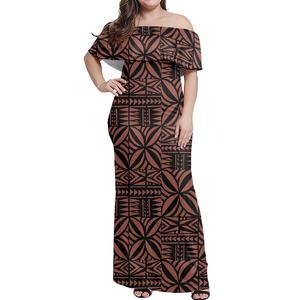 Robe longue sans bretelles Polynésienne Samoa Tribal <span class=keywords><strong>Tatouage</strong></span> Imprimer Polyester Robes Femmes Tendance Plage Hors Épaule Robe À Manches Courtes - Product Image 1