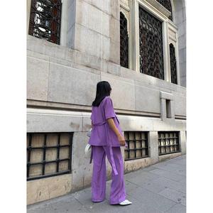 Women's <b>Purple</b> Short-Sleeved Jacket and Trouser Set with <b>Tie</b>-Detail - Product Image 4