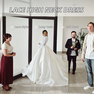 Mumuleo Floor-Length <b>Plus</b> <b>Size</b> Natural Waistline High Neck <b>Long</b> <b>Sleeve</b> Lace <b>Wedding</b> <b>Dress</b> with Sweep Train - Product Image 2