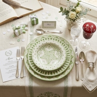 Assiettes élégantes en porcelaine fine à motifs géométriques, vaisselle en céramique rayée verte, services de table ethniques en porcelaine pour mariage, assiettes à salade et à soupe