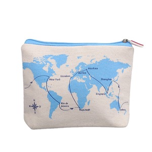 Canvas Cosmetic Bag World Map Print Zippered Storage Pouch Travel Toiletry Case - Product Image 1