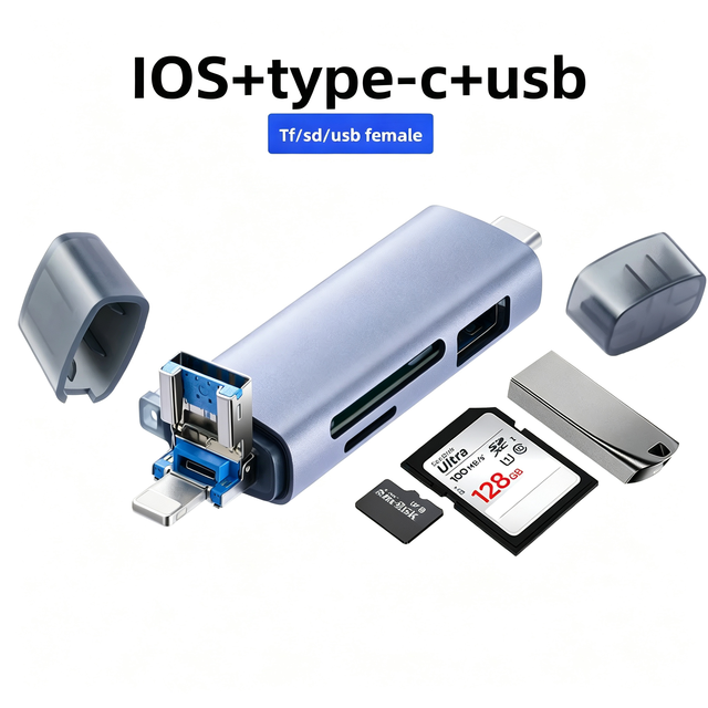 Universal 6 in 1 External Card Reader Type-C/IOS/USB Interface for Android Phones/Ipad PCs Tablets TF/SD/USB Slots OTG Function