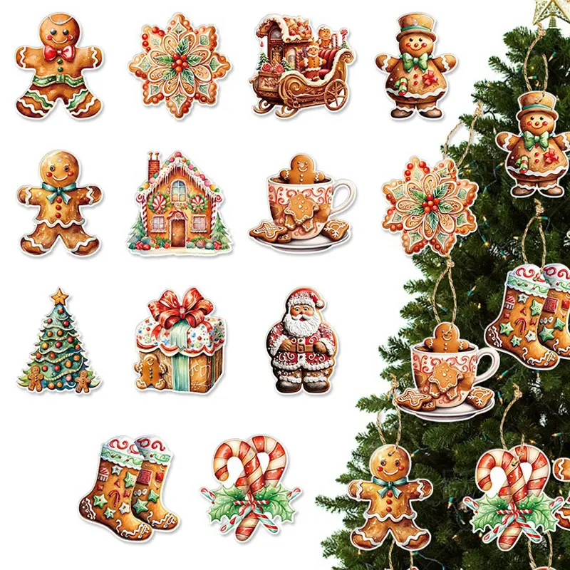 12pcs Gingerbread Paper Pendants Christmas Tree Decoration Hanging Pendant Holiday Old Man Decorations Hanging Accessories