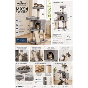 ต้นไม้แมว Pawfect Mx94 สูง 45.3 นิ้ว สีเทา หลายระดับ พร้อมคอนโดและเสาข่วนทำจากเส้นใยป่านศรนารายณ์ สำหรับแมวปีนป่าย - Product Image 2