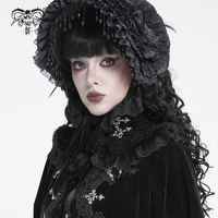 Col Jabot Noir Gothique AS321 avec Dentelle, Volants et Bordure en Fausse Fourrure, Ornement Croix Métallique Vintage, Accessoire de Cou Détachable pour Cosplay