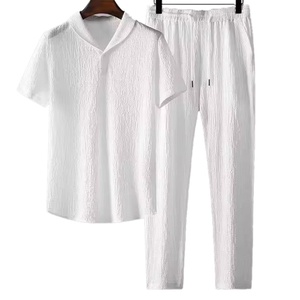 Trajes de Verano para Hombre, Casuales, de Punto, de 2 Piezas, Camiseta de Manga Corta + Pantalones Largos, Cuello Polo de Color Sólido, Cintura Elástica con Botones - Product Image 1