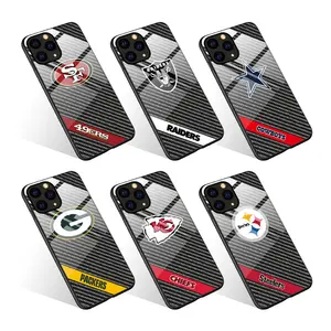 Casing Penutup Ponsel Kaca Tempered Serat Karbon NFL Kustom Tim 32 Sepak Bola Cetak UV untuk Iphone 11 12 Pro Max